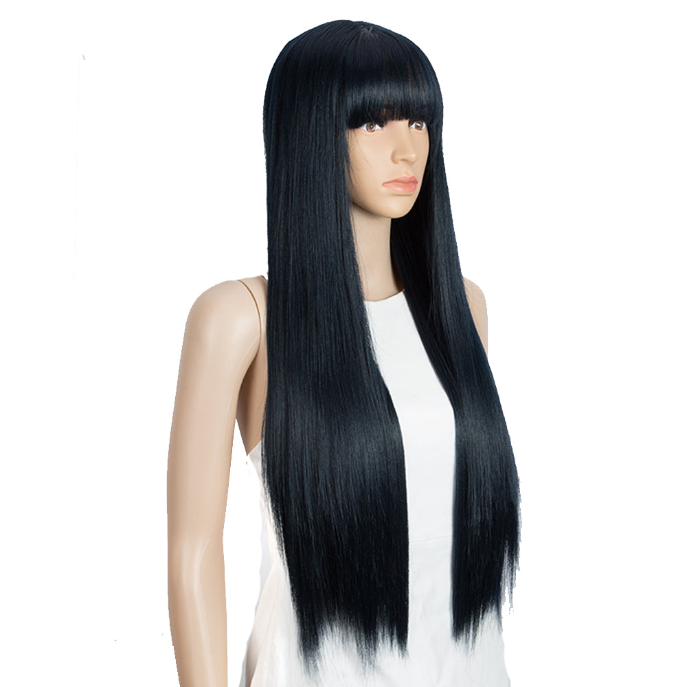 NOBLE Synthetic Long Straight Lace front Wig with Bangs | 28 Inch Synthetic HD Lace wigs | Blue Black | Brittany - Noblehair