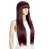 NOBLE Synthetic Long Straight Lace front Wig with Bangs | 28 Inch Synthetic HD Lace wigs | Dark Red | Brittany - Noblehair