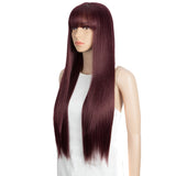 NOBLE Synthetic Long Straight Lace front Wig with Bangs | 28 Inch Synthetic HD Lace wigs | Dark Red | Brittany - Noblehair