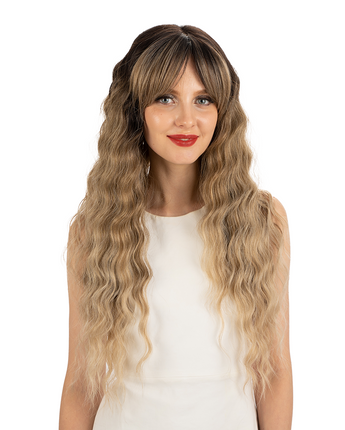 NOBLE Synthetic Long Wavy Lace front Wig with Bangs | 28 Inch Synthetic HD Lace wigs | Brown Blonde | Angelica - Noblehair
