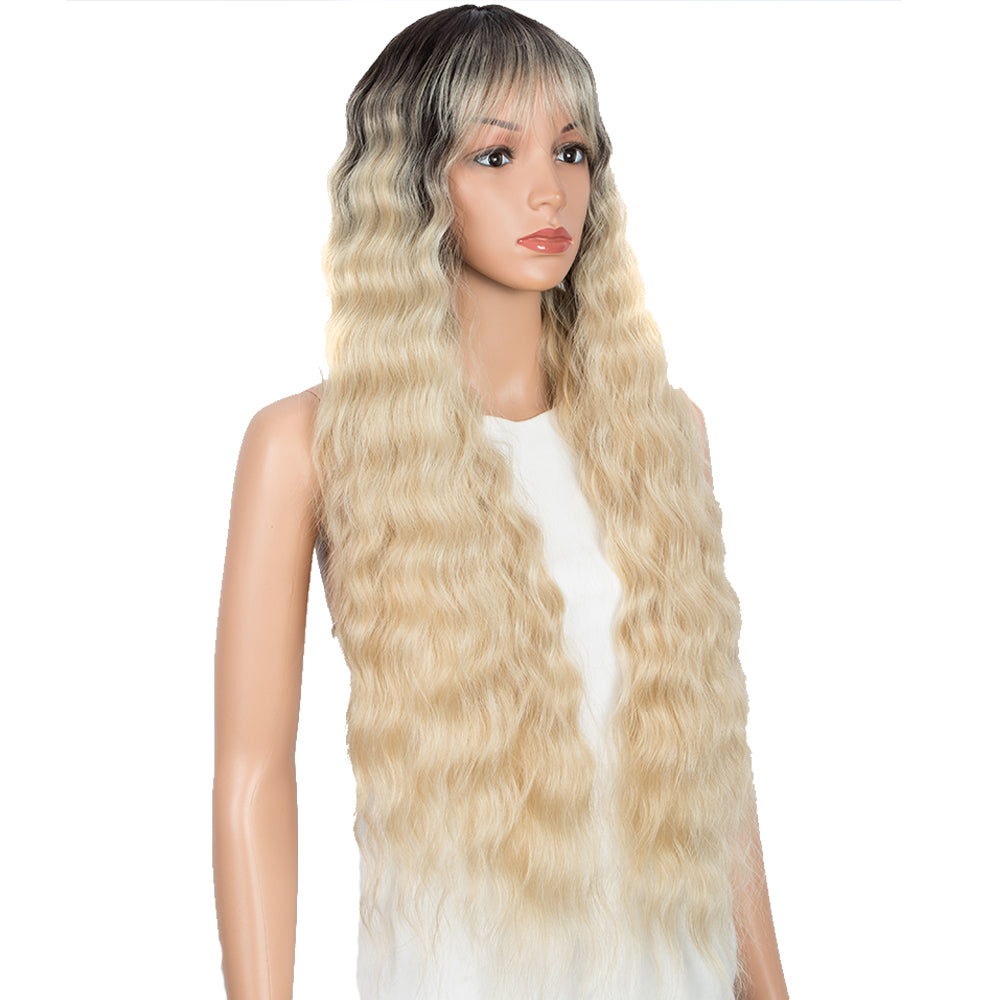 NOBLE Synthetic Long Wavy Wig with Bangs | 30 Inch Synthetic Curly Loose wigs | Cream Blonde Color | Craib - Noblehair