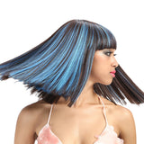 NOBLE Synthetic Non Lace Wig | 13 Inch Blunt Cut Bob Wigs with Bangs | Blue Highlight Wig Avril - Noblehair