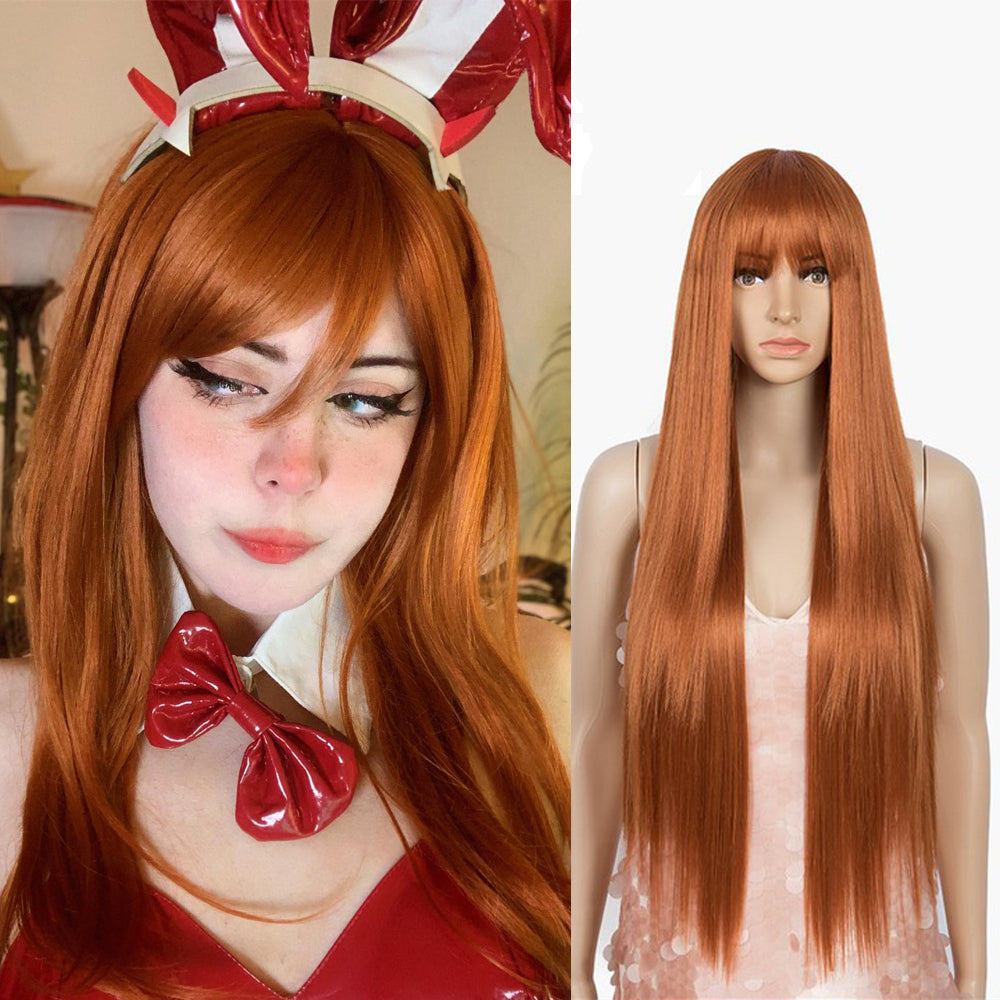 32 Inch long straight Wigs with Bangs Auburn Color Wig | JOYO