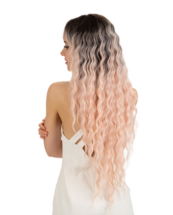 NOBLE Synthetic Long Wavy Wig with Bangs | 30 Inch Synthetic Curly Loose wigs | Cream Pink Color | Craib - Noblehair