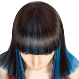 NOBLE Synthetic Non Lace Wig | 13 Inch Blunt Cut Bob Wigs with Bangs | Blue Highlight Wig Avril - Noblehair