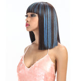 NOBLE Synthetic Non Lace Wig | 13 Inch Blunt Cut Bob Wigs with Bangs | Blue Highlight Wig Avril - Noblehair