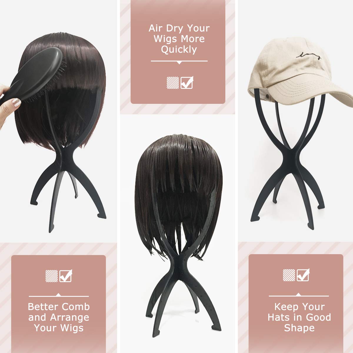 NOBLE wig stand | Plastic Wig Stand Folding Durable Hat Stand | Pack of 2 pieces black color - Noblehair