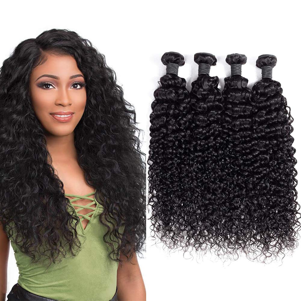 QVR Queen Remy Brazilian Curly Wave Human Hair 4 Bundles 100% Unprocessed Brazilian Jerry Curly Hair Weave Bundles Natural Black Color