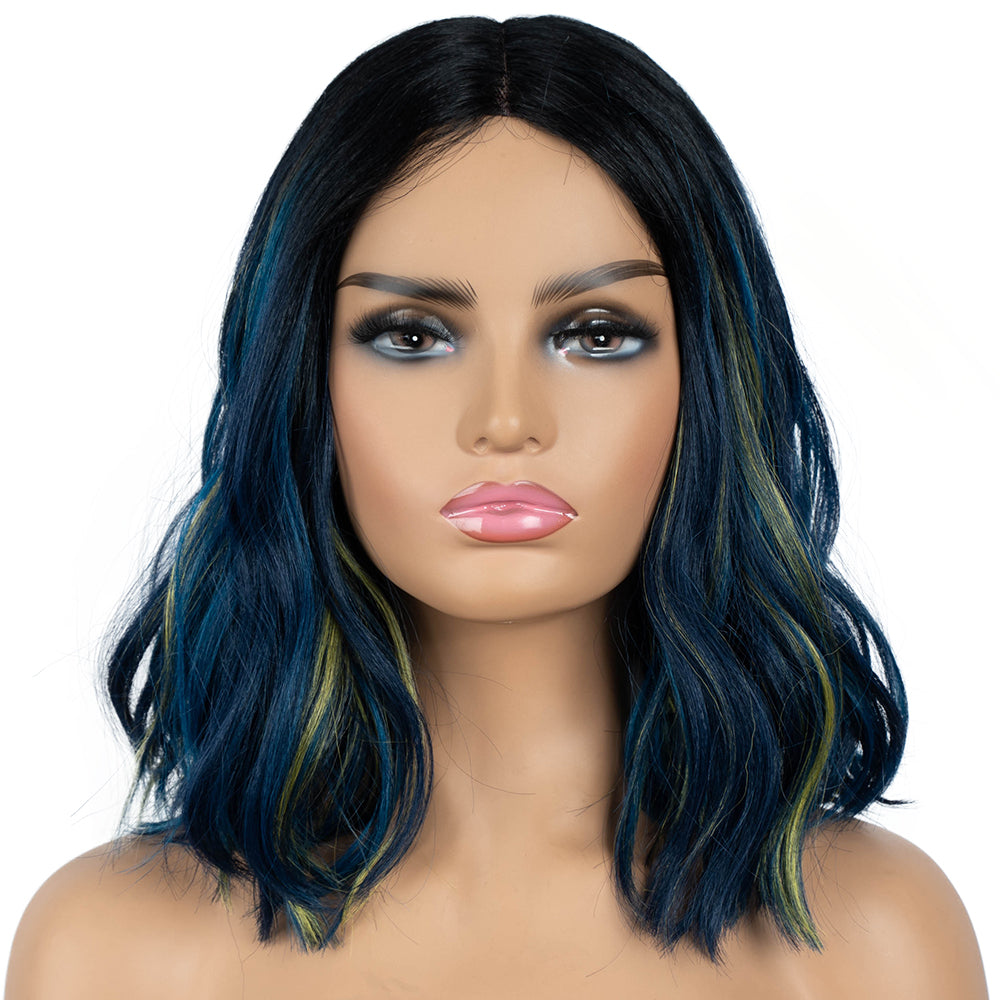 Designer Pick 12 Inch Long Green Highlight Color Lace Part Synthetic Wig