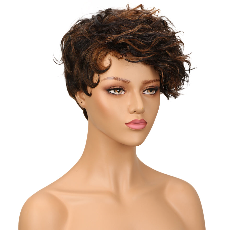 NOBLE Human Hair Wig | 10 Inch Short Curly Pixie | Mixed Color | Amna - Noblehair
