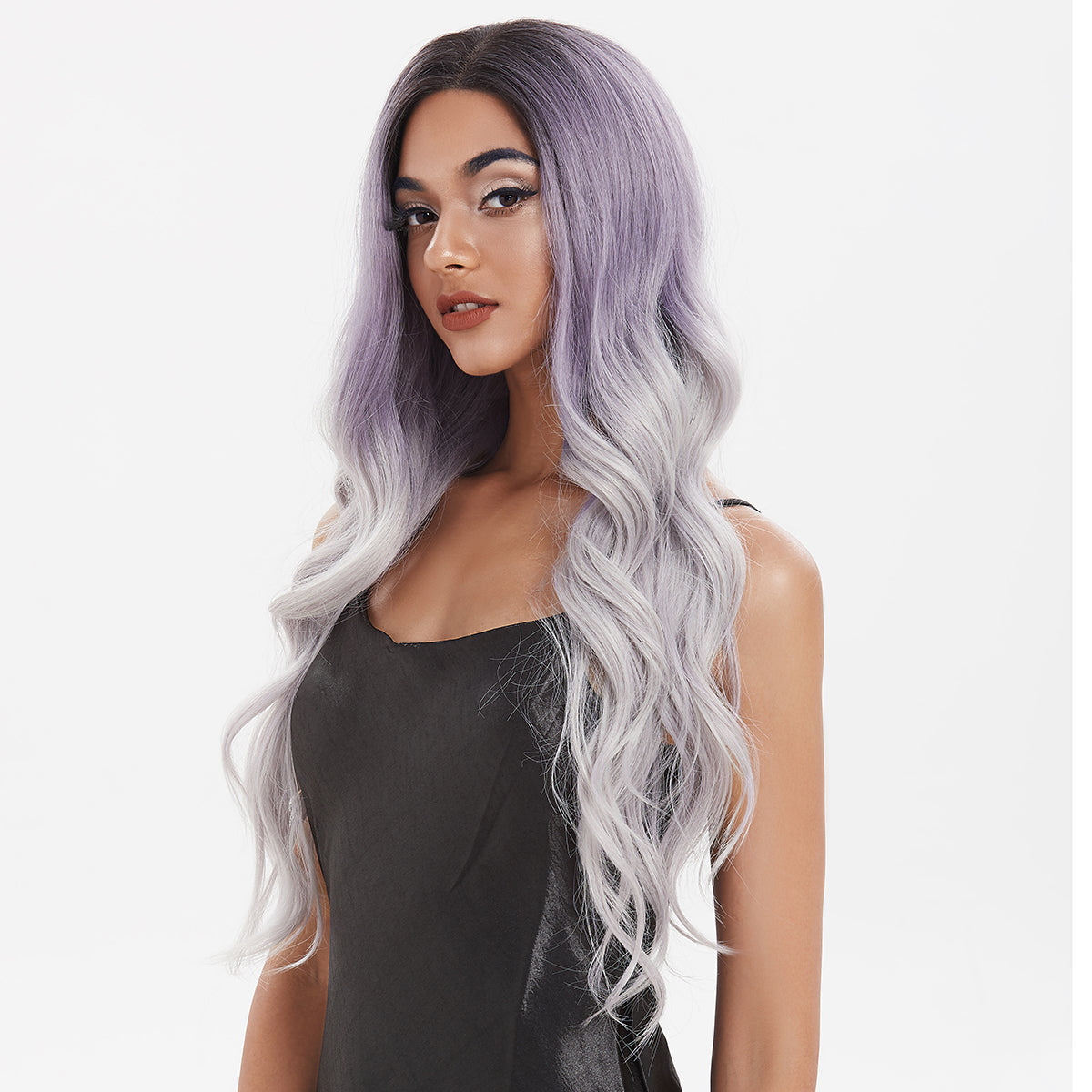 31 Inch Long Wavy Purple With Grey Ombre Color Wig Metallic Violet Root Shadow Color 4 Color Available | AMENITY