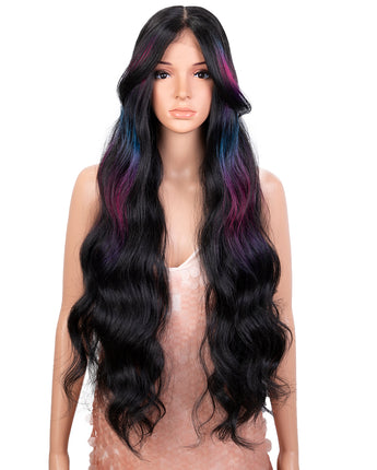 5*1 lace frontal highlight synthetic wig blue red highlight ombre wig