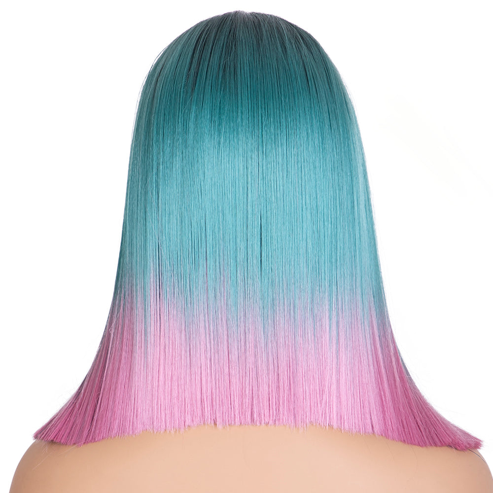 Designer Pick 13.5 Inch Long 5 Inch Lace Part Front Ombre Blue With Pink Color Synthetic Wig