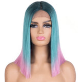 Designer Pick 13.5 Inch Long 5 Inch Lace Part Front Ombre Blue With Pink Color Synthetic Wig