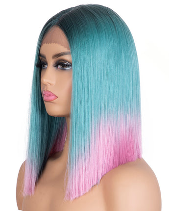 Designer Pick 13.5 Inch Long 5 Inch Lace Part Front Ombre Blue With Pink Color Synthetic Wig