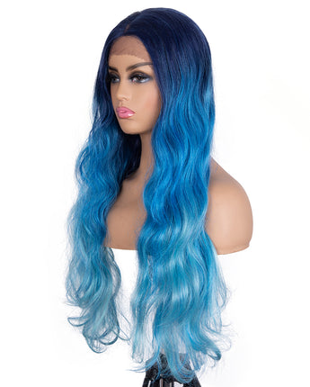 Designer Pick 28 Inch Long 5 Inch Lace Part Ombre Blue Color Synthetic Wig