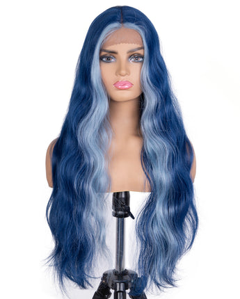 Designer Pick 28 Inch Long 5 Inch Lace Part Front Faceframe Blue Color Synthetic Wig