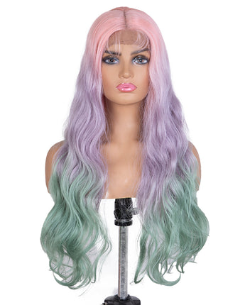Designer Pick 28 Inch Long Lace Part Front Rainbow Ombre Color Synthetic Wig