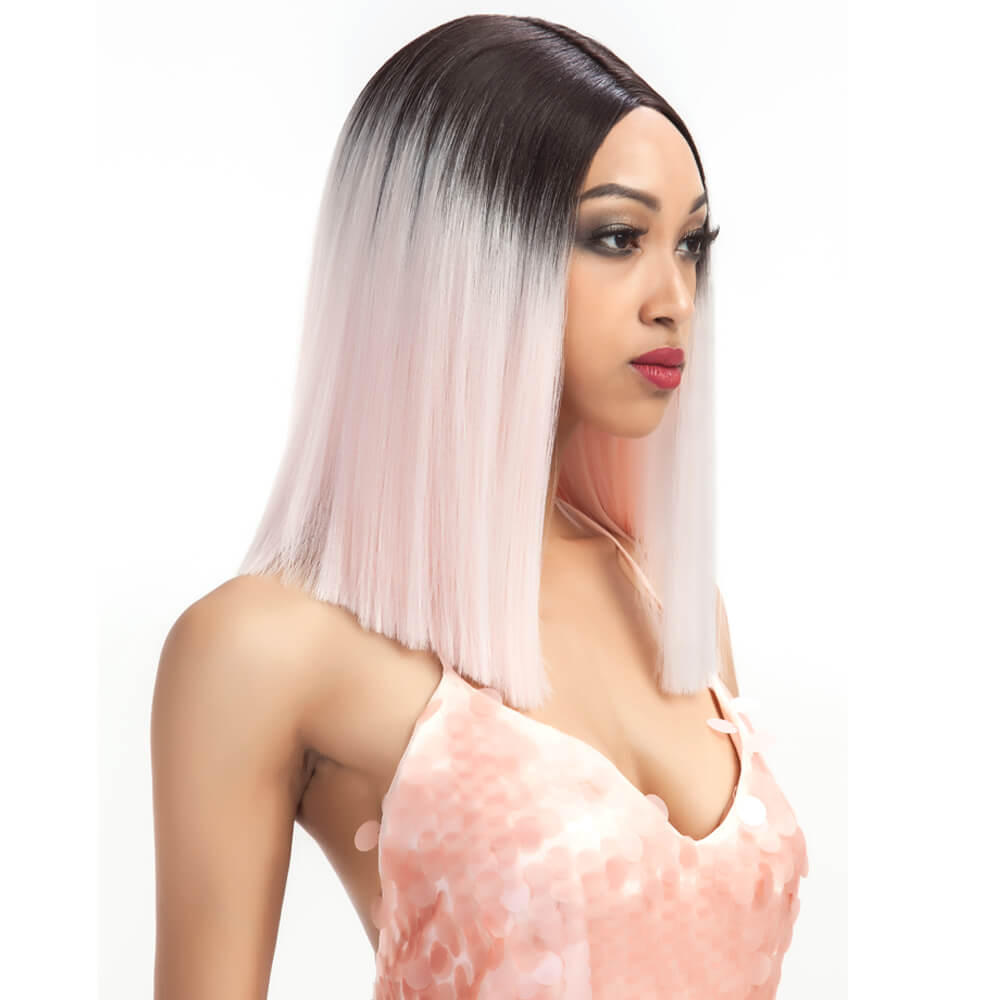 NOBLE Shakia Synthetic Lace Front Wigs 14 Inch Middle Part Over Shoulder Blunt Cut Bob wig丨Baby Pink - Noblehair