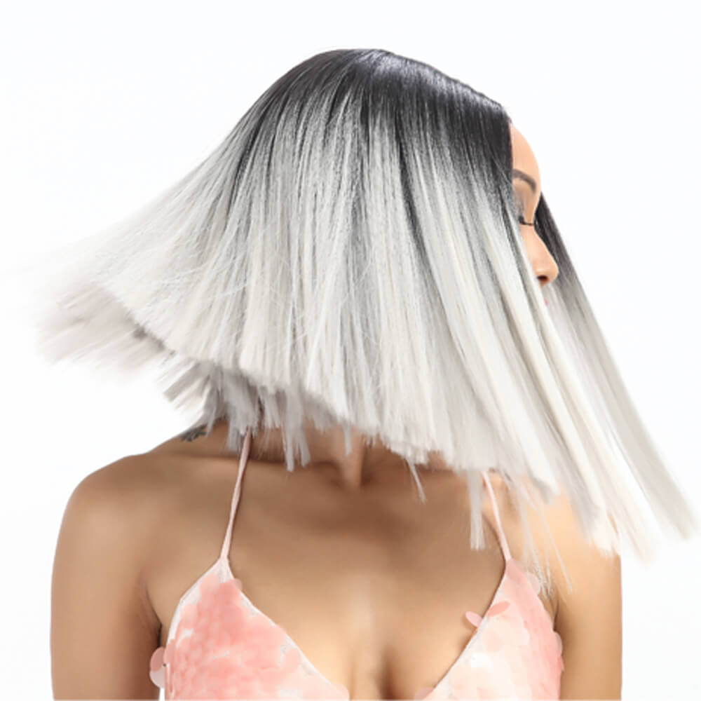 NOBLE Shakia Synthetic Lace Front Wigs 14 Inch Middle Part Over Shoulder Blunt Cut Bob wig丨Sliver Gray - Noblehair