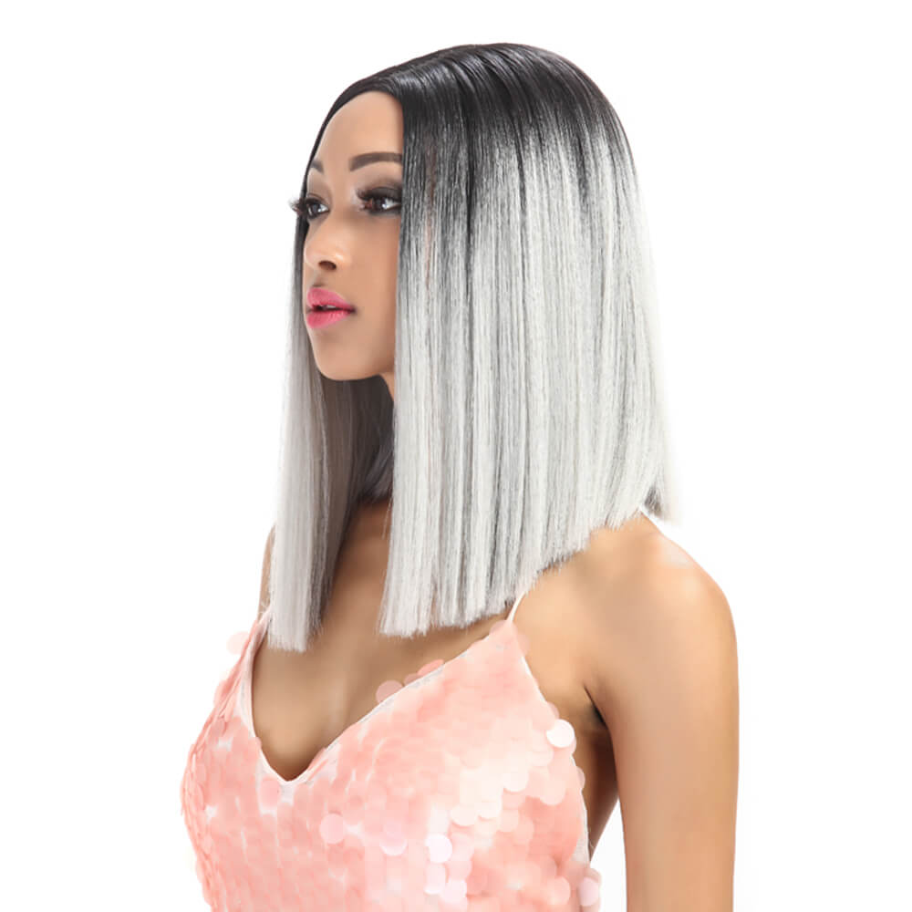 NOBLE Shakia Synthetic Lace Front Wigs 14 Inch Middle Part Over Shoulder Blunt Cut Bob wig丨Sliver Gray - Noblehair
