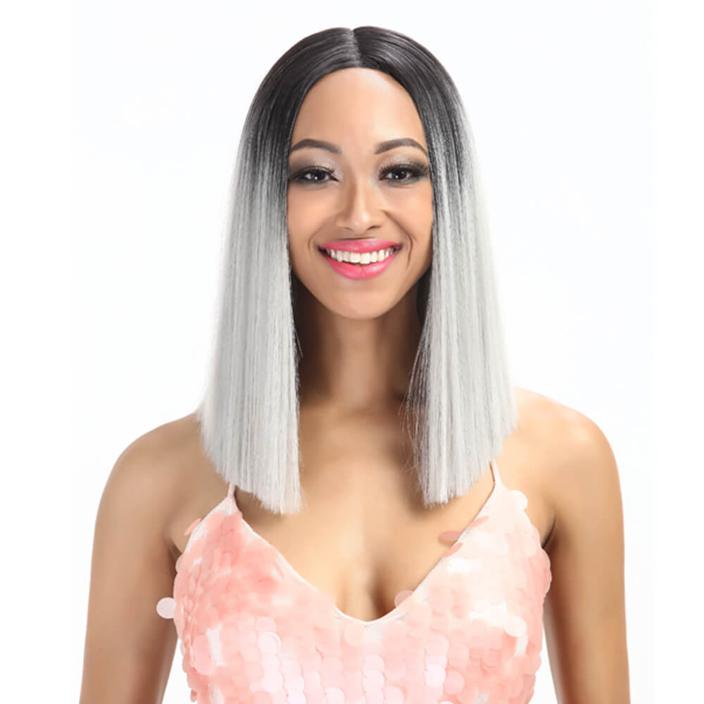NOBLE Shakia Synthetic Lace Front Wigs 14 Inch Middle Part Over Shoulder Blunt Cut Bob wig丨Sliver Gray - Noblehair