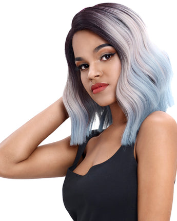 NOBLE Synthetic Lace Front Wig | 14.5 Inch Short Wavy Bob | Ombre Blue | Shelia - Noblehair