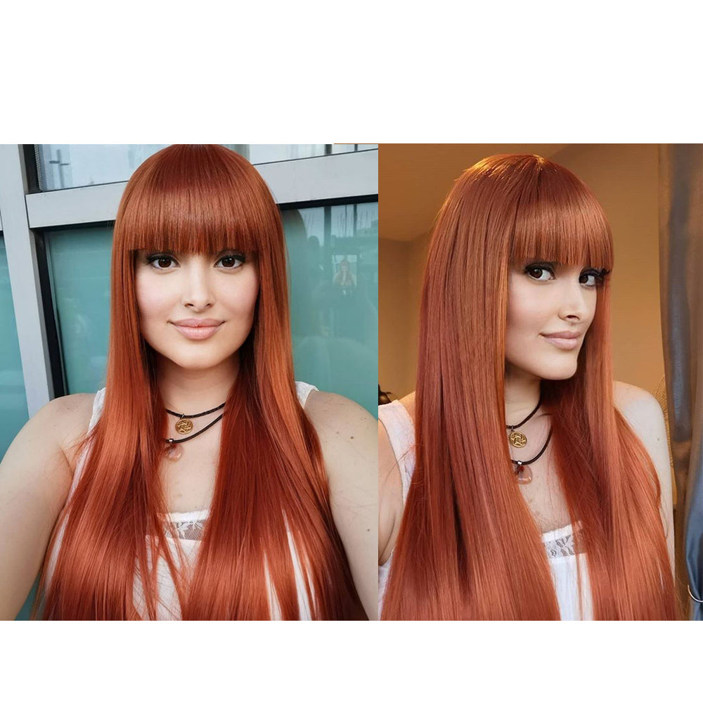 NOBLE Synthetic Non Lace Wig | 32 Inch long straight Wigs with Bangs | Auburn Color Wig JOYO - Noblehair