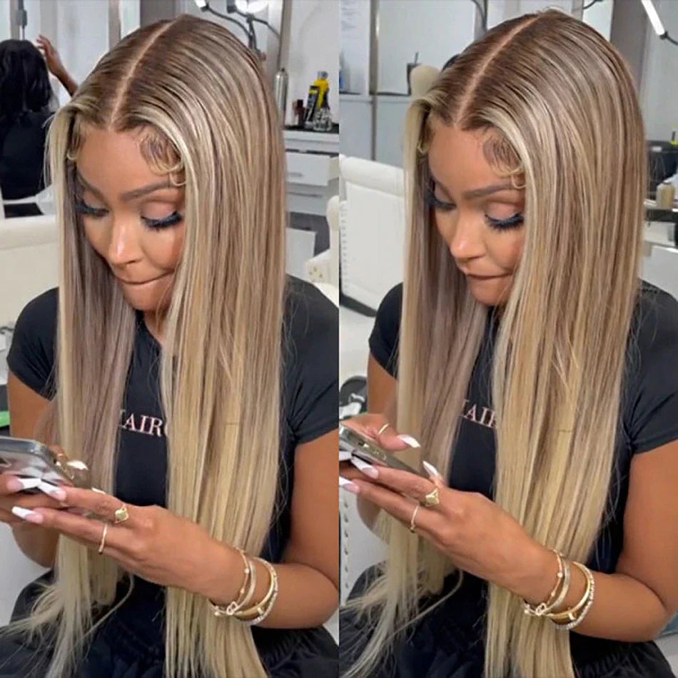 Flash Sale Customized Blonde Balayage on Brown Hair Transparent Lace Frontal Wig